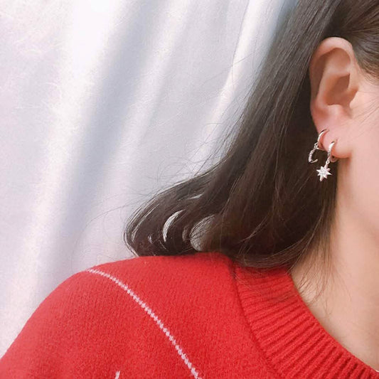 Women's Moon Star Pendant Small Hoop Earrings Otarealm