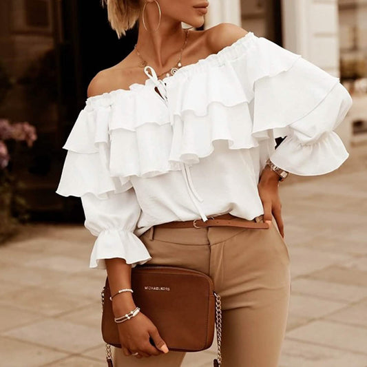 Women's Off Shoulder Ruffle Long Sleeve Shirt Casual Layered Top Otarealm
