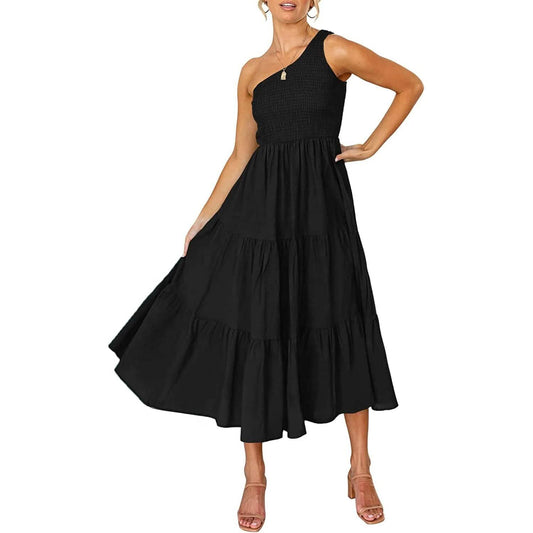 Womens One Shoulder Sleeveless Smocked Ruffle Tiered Beach Long Midi Dress Otarealm