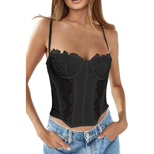 Womens Summer Lace Bustier Mesh Vintage Spaghetti Strap Open Back Boned Corset Otarealm