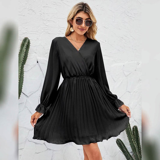 Womens Wrap V Neck Pleated Long Sleeve Mini Dresses Otarealm