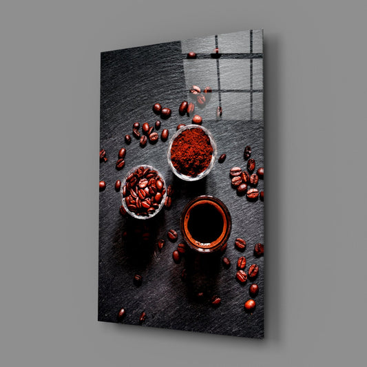 Overhead Coffee Beans And Grounds Glass Wall Art