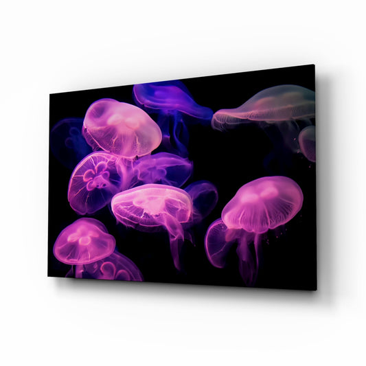 Pink Glowing Jellyfish Cluster Glass Wall Art