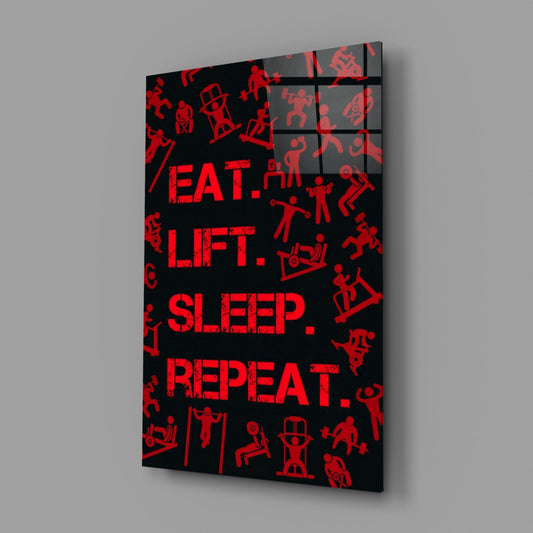 Red Gym Icons Eat Lift Sleep Repeat Glass Wall Art