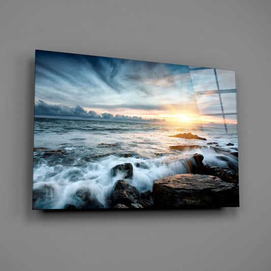 Sunrays Rocky Coast Waves Glass Wall Art
