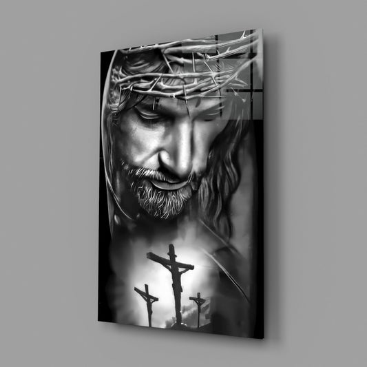 Black and White Crown of Thorns Jesus Glass Wall Art