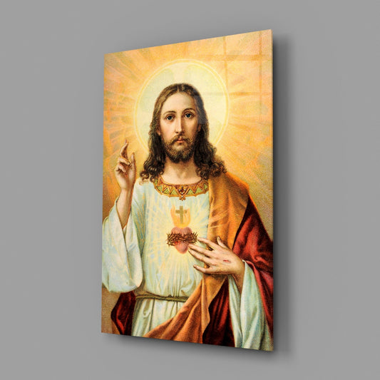 Vintage Sacred Heart Halo Jesus Glass Wall Art