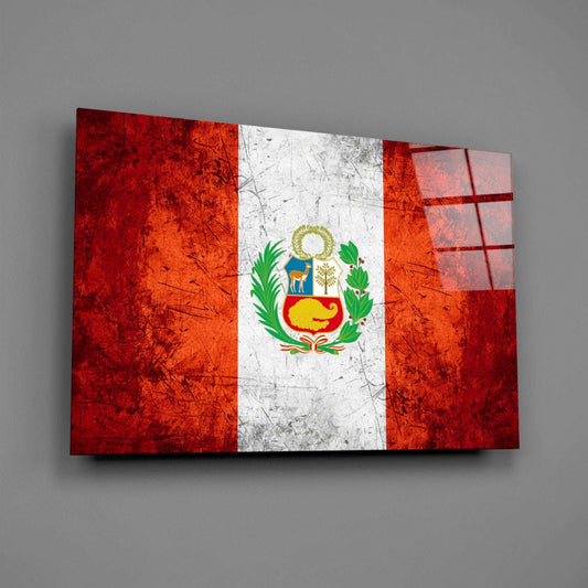 Scratched Orange Red Peru Emblem Flag Glass Wall Art Otarealm