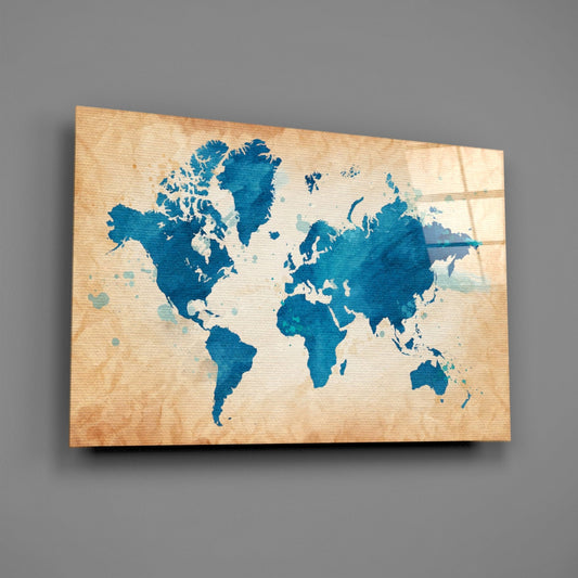 Blue Watercolor World Map Kraft Glass Wall Art