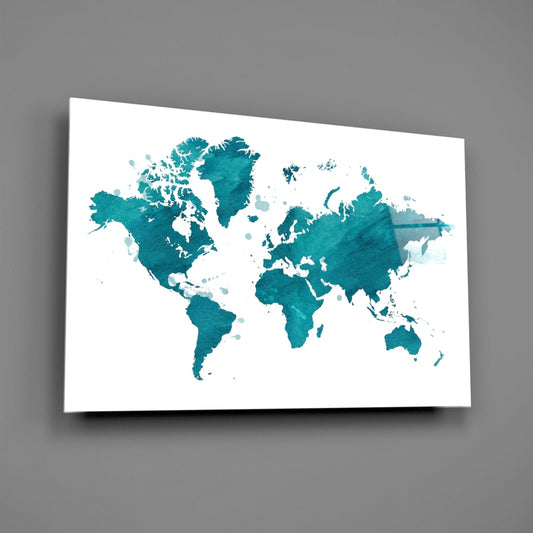 Teal Watercolor World Map Glass Wall Art