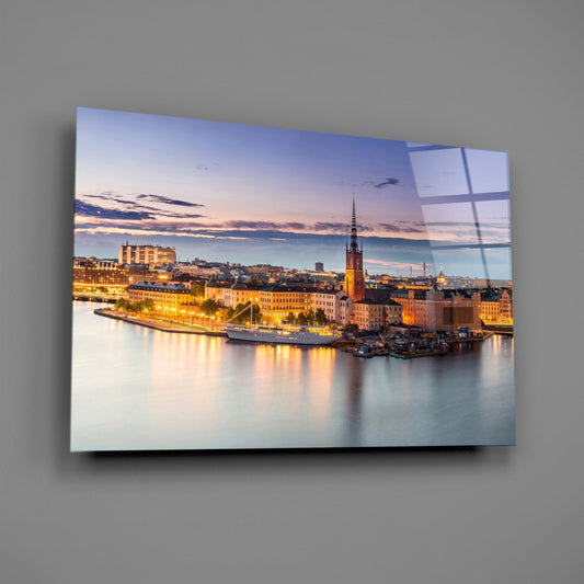 Stockholm Blue Dusk Waterfront Skyline Glass Wall Art