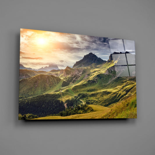 Sunlit Green Alpine Valley Ridge Glass Wall Art