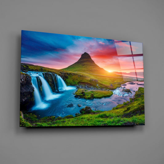 Kirkjufellsfoss Waterfall and View Glass Wall Art