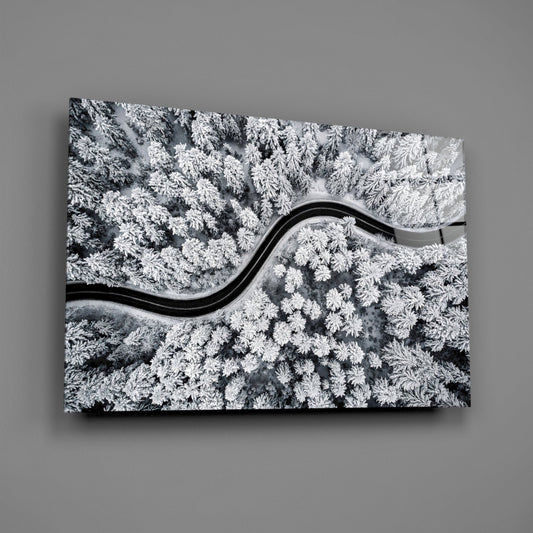 Aerial Snowy Forest Winding Road Glass Wall Art