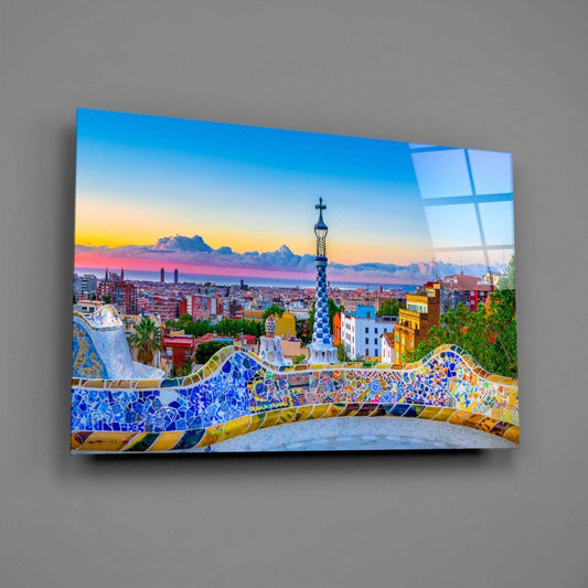 Mosaic Terrace Barcelona Sunset Skyline Glass Wall Art Otarealm