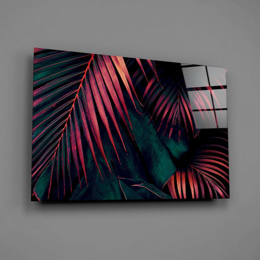 Crimson Palm Fronds Jungle Glass Wall Art Otarealm