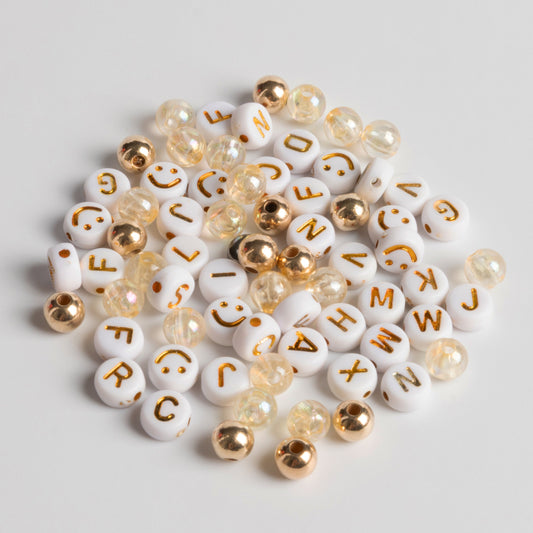 Gold Bow Charm Gold and White Letter Beads Smiley Face Beads DIY Jar