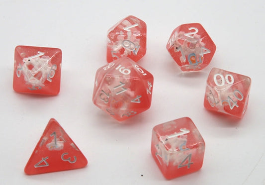 Red Nobel Unicorn Resin Glitter White Numbers 7-Dice Set Rpg