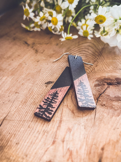 Beautiful Black and Wood Tree Earrings