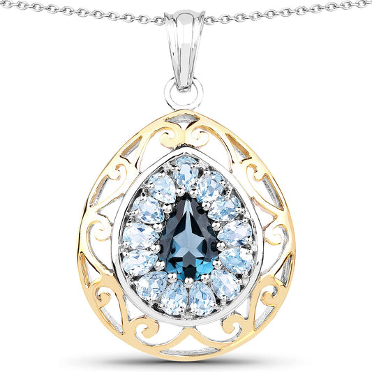 18K Yellow Gold Plated 4.44 Carat Genuine London Blue Topaz and Blue Topaz .925 Sterling Silver Pendant
