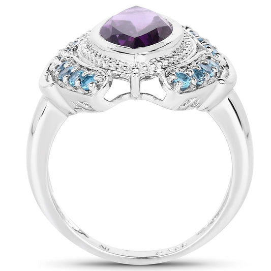3.06 Carat Genuine Amethyst and London Blue Topaz .925 Sterling Silver Ring