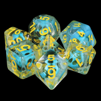 Turquoise Treasure Skull Dice Blue/Yellow Halloween Resin 7-Dice