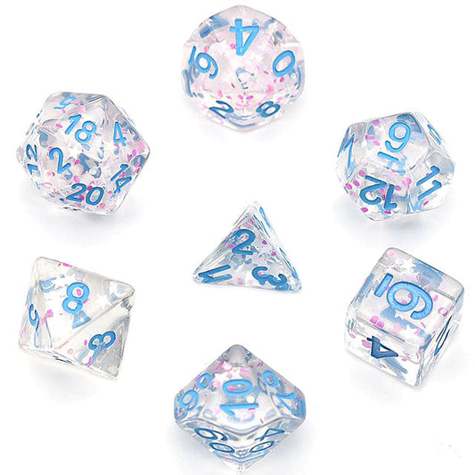 Pink/ White Glitter Stars Dice Series w/Blue 7-Dice Set