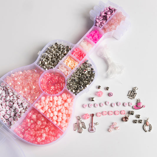 Rhinestone Cowgirl Bubble Gum Pink Letter Bead Guitar Shaped Bead Kit with Silver Western Charms DIY Kit