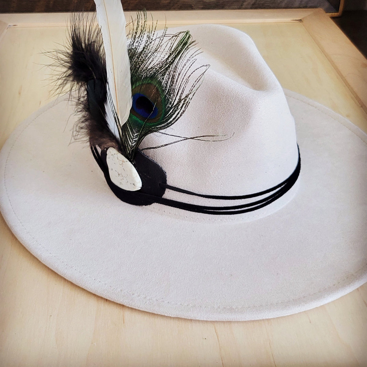 Peacock/White Feather & Turquoise on Leather Hat Band (Band Only) 953f