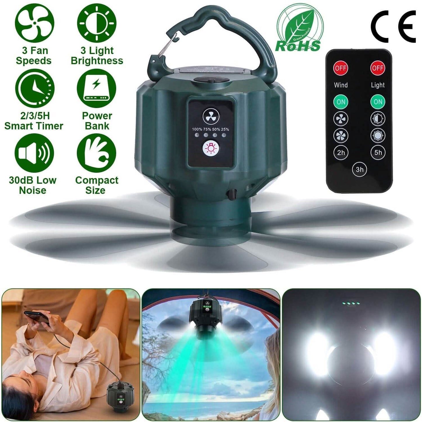 10400mAh USB Battery Powered Hanging Tent Lantern Fan Power Bank