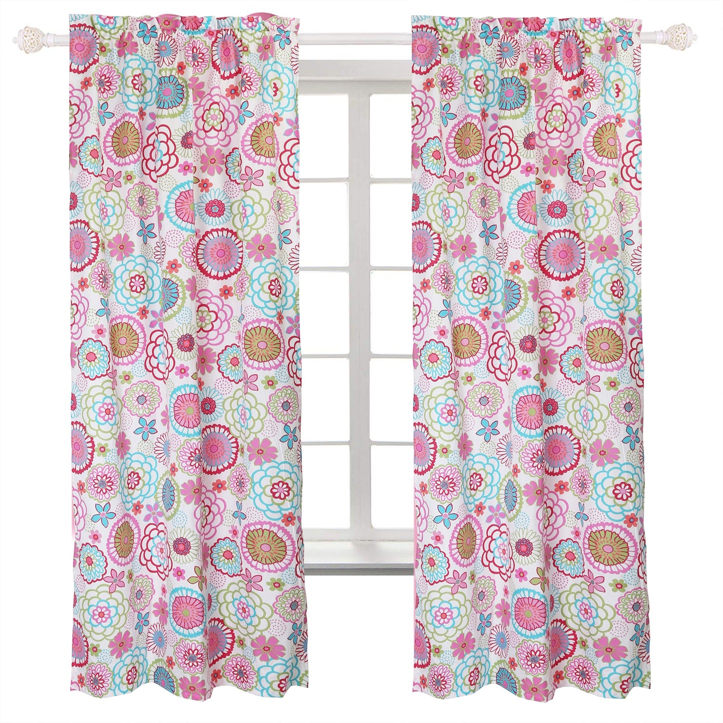 Mariah Pink Floral Polka Dot Bright Multi-Color Flower Window Curtain Panel/Drapes
