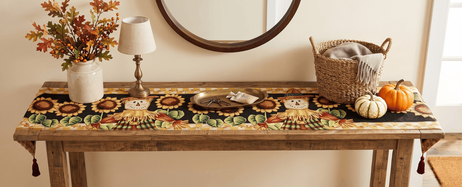 Tache Sunflower Field Scarecrow Autumn Harvest Woven Tapestry Table Runners (11712TR) Otarealm