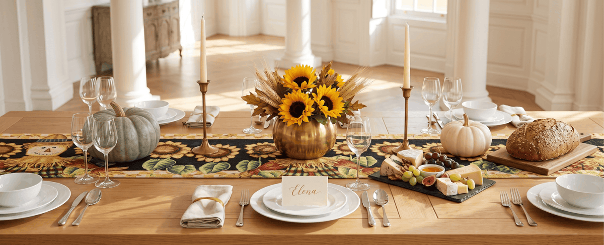 Tache Sunflower Field Scarecrow Autumn Harvest Woven Tapestry Table Runners (11712TR) Otarealm