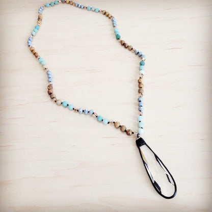 **Picture Jasper & Amazonite Long Beaded Necklace w/ Crystal Pendant 262r