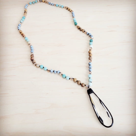 **Picture Jasper & Amazonite Long Beaded Necklace w/ Crystal Pendant 262r