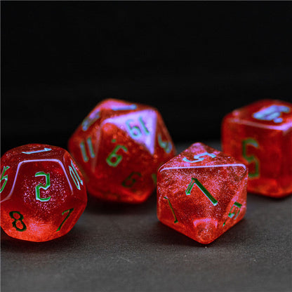 Strawberry Red Glitter Party Glitter Dice (Green font) 7-Dice Set RPG DND