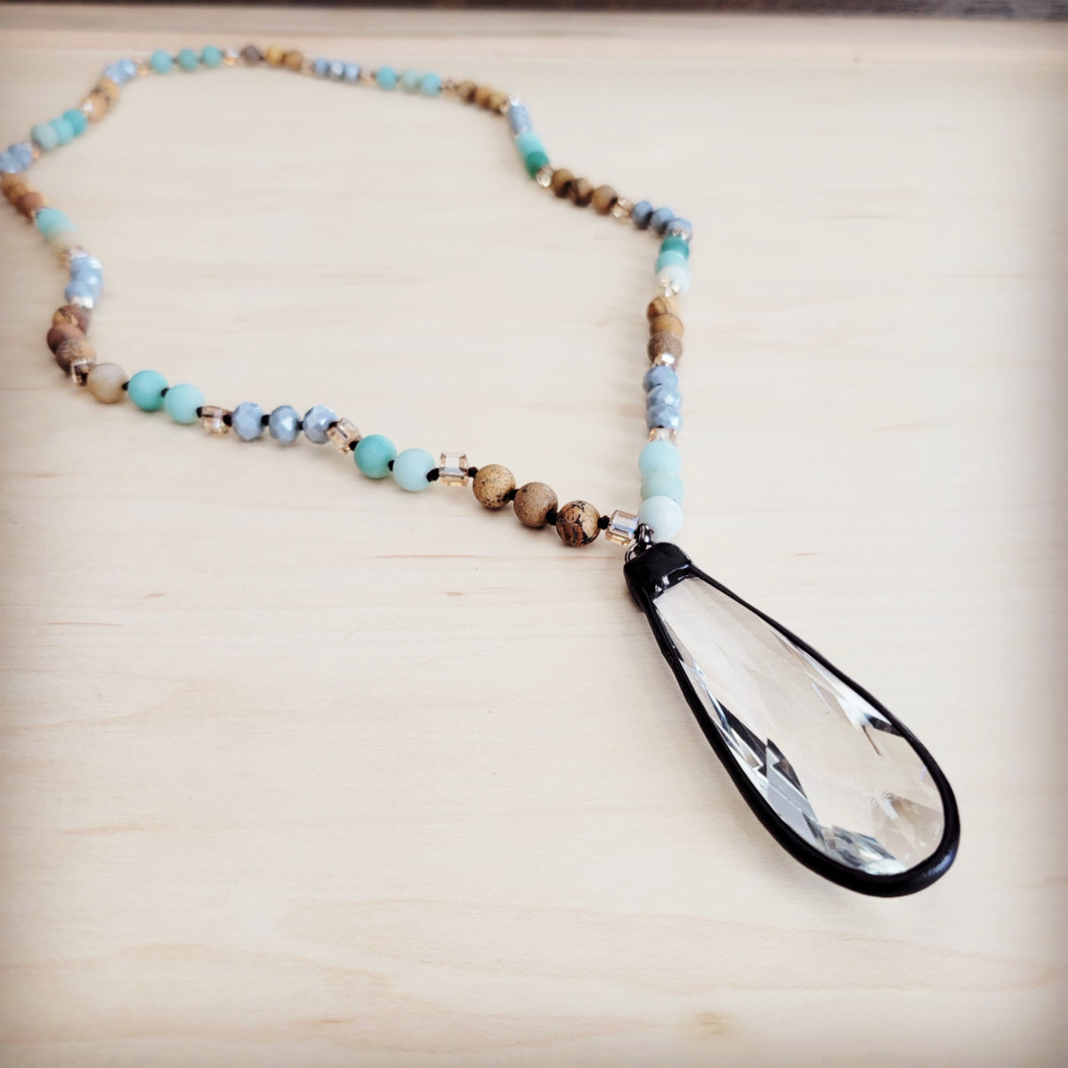 **Picture Jasper & Amazonite Long Beaded Necklace w/ Crystal Pendant 262r