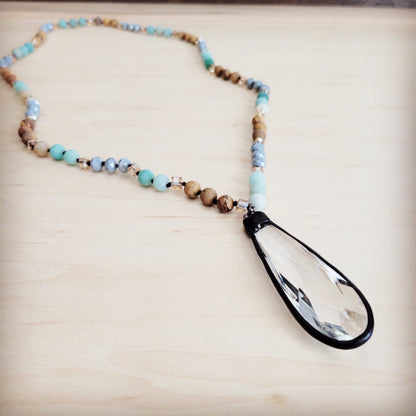 **Picture Jasper & Amazonite Long Beaded Necklace w/ Crystal Pendant 262r