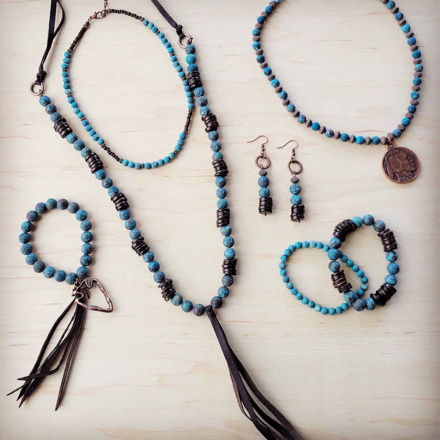 **Natural American Turquoise Necklace w/ Wood Beads & Tassel 262i