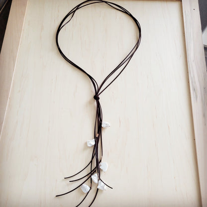 Dark Brown Boho Knotted Leather Cord Necklace w/ Pearls 263w