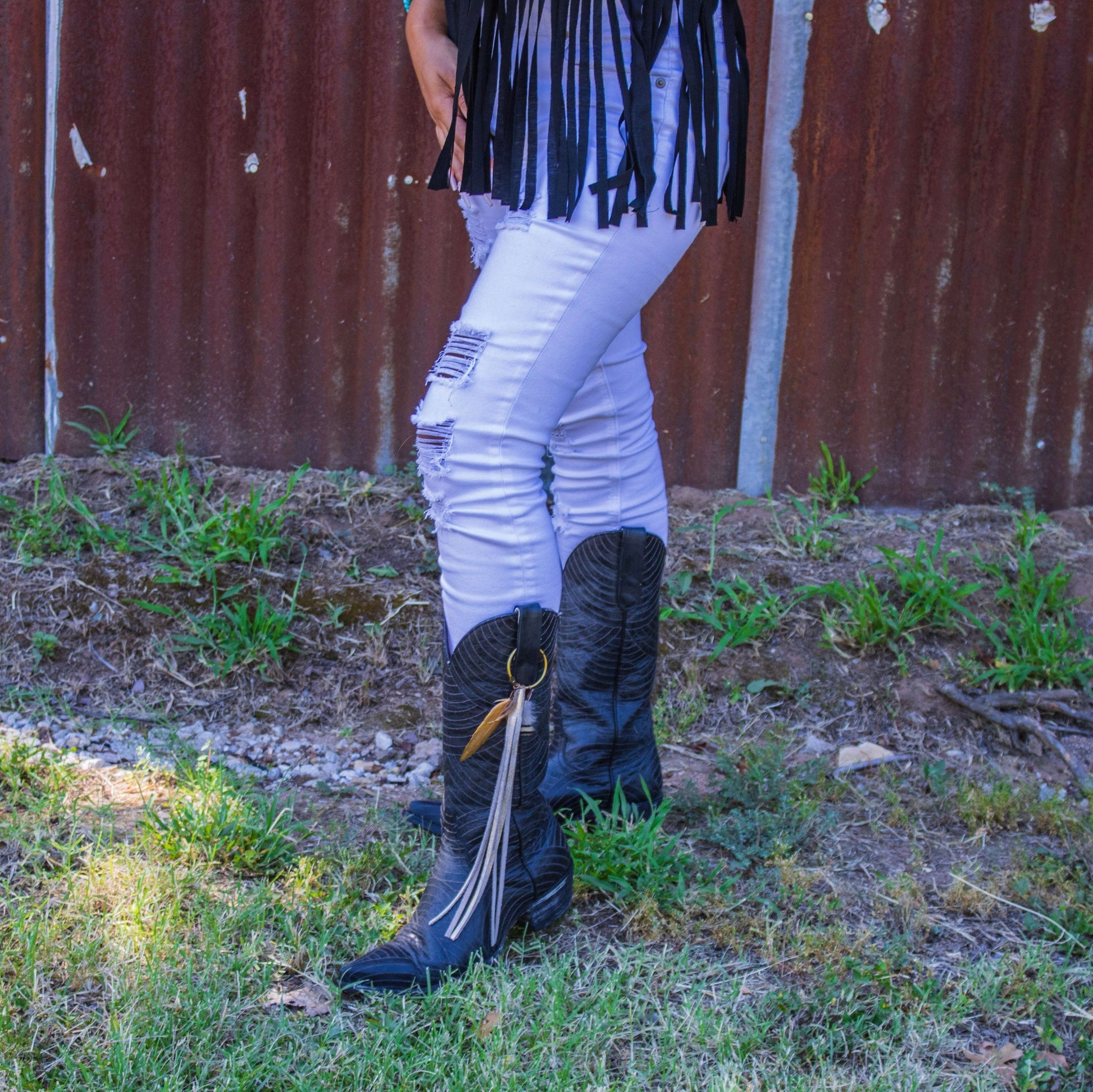 Boho Western Boot Bling Charm with Leather Fringe 500b Otarealm