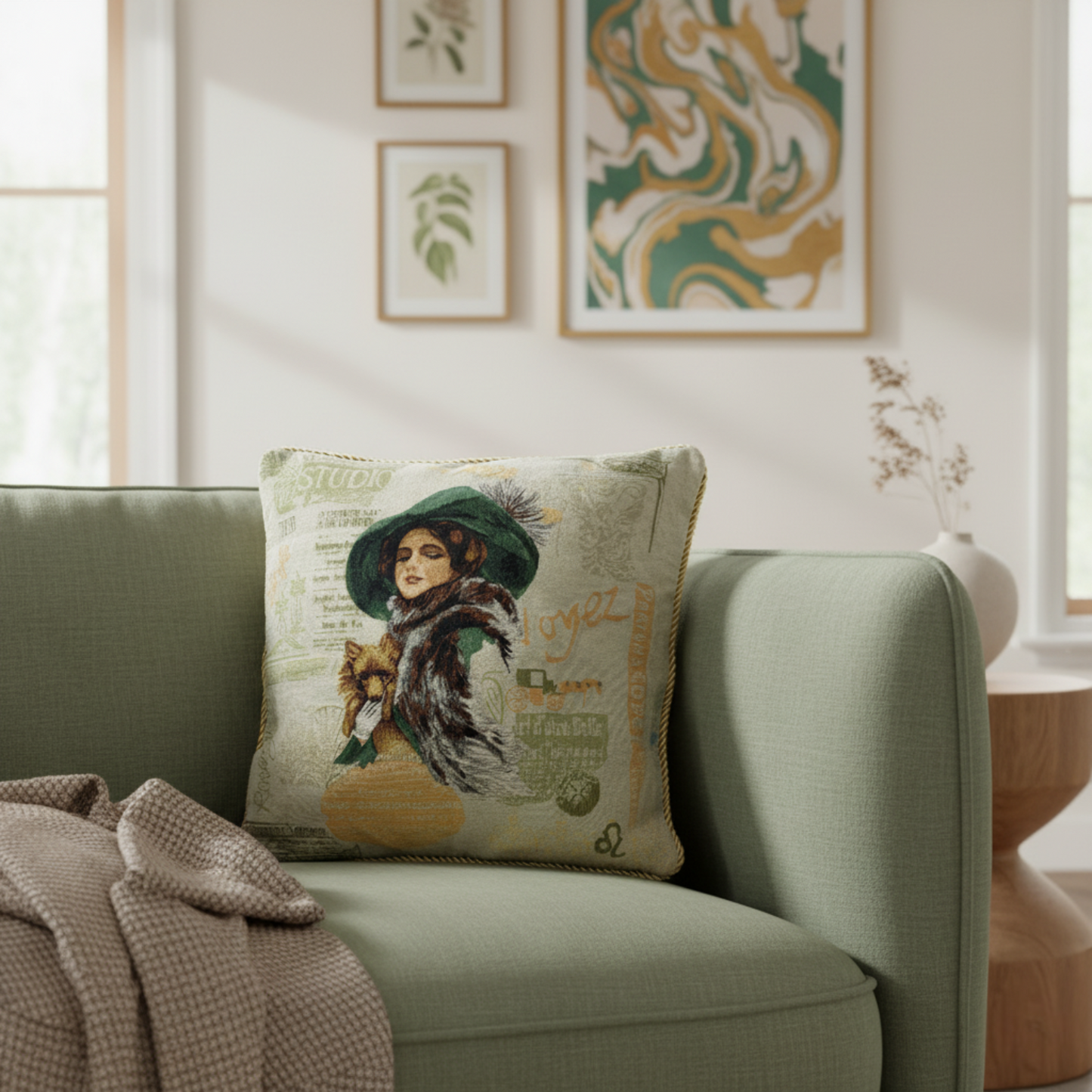 Tache Puppy Day Out French European Postcard Emerald Green Beige Tapestry Throw Pillow Cover (CC-1354)