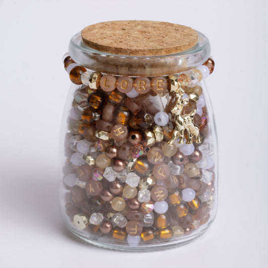 Lore Neutrals Browns and Coppers Alphabet Bead Jar with Gold Fawn Charm