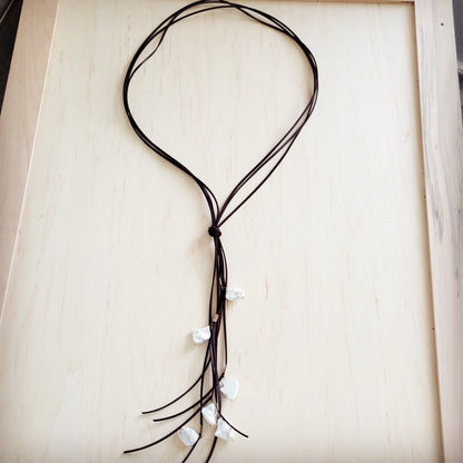 Dark Brown Boho Knotted Leather Cord Necklace w/ Pearls 263w