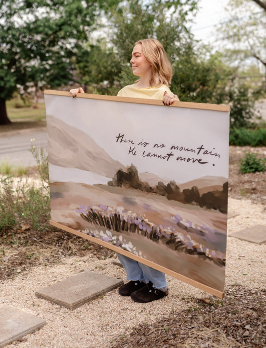 Large Canvas with Banner Wood: There is no mountain He cannot move