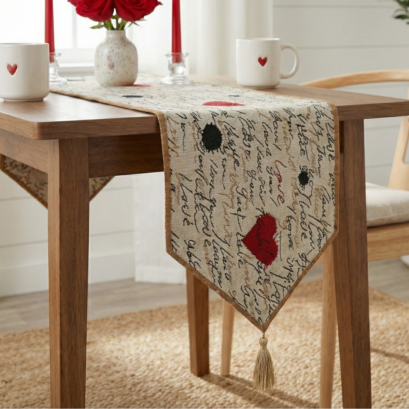 Tache Romantic I Love You Valentine’s Beige Woven Tapestry Table Runner (18111)