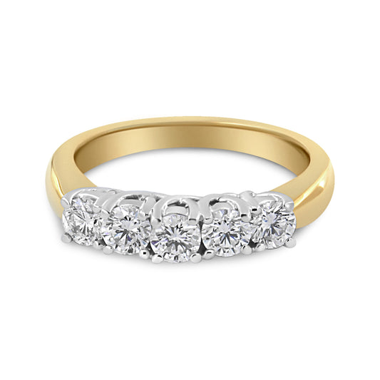 18K Yellow Gold 1.0 Cttw 4 Prong Set Round Cut Diamond Step up 5 Stone Ring Band (F-G Color, SI1-SI2 Clarity) - Size 6
