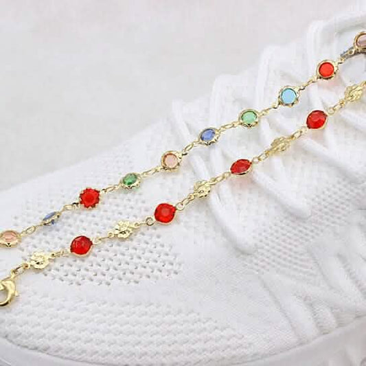 18k Gold Filled High Polish Finish Red Crystal Flower Ankle Bracelet Otarealm