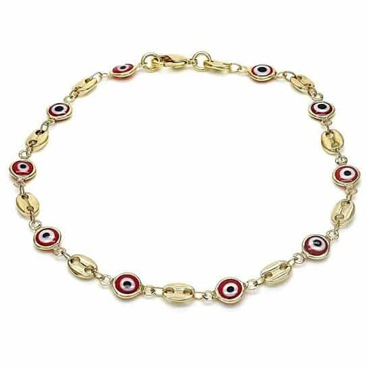 18k Women's Gold Filled High Polish Finish Mariner Marina- Red Evil Eye Lobster Clasp Ankle Bracelet 10'' Inch Otarealm