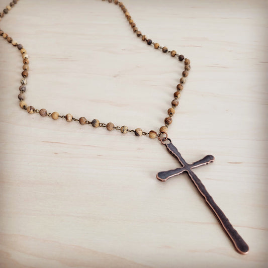 **Genuine Picture Jasper Long Beaded Necklace with Antique Copper Cross 262w